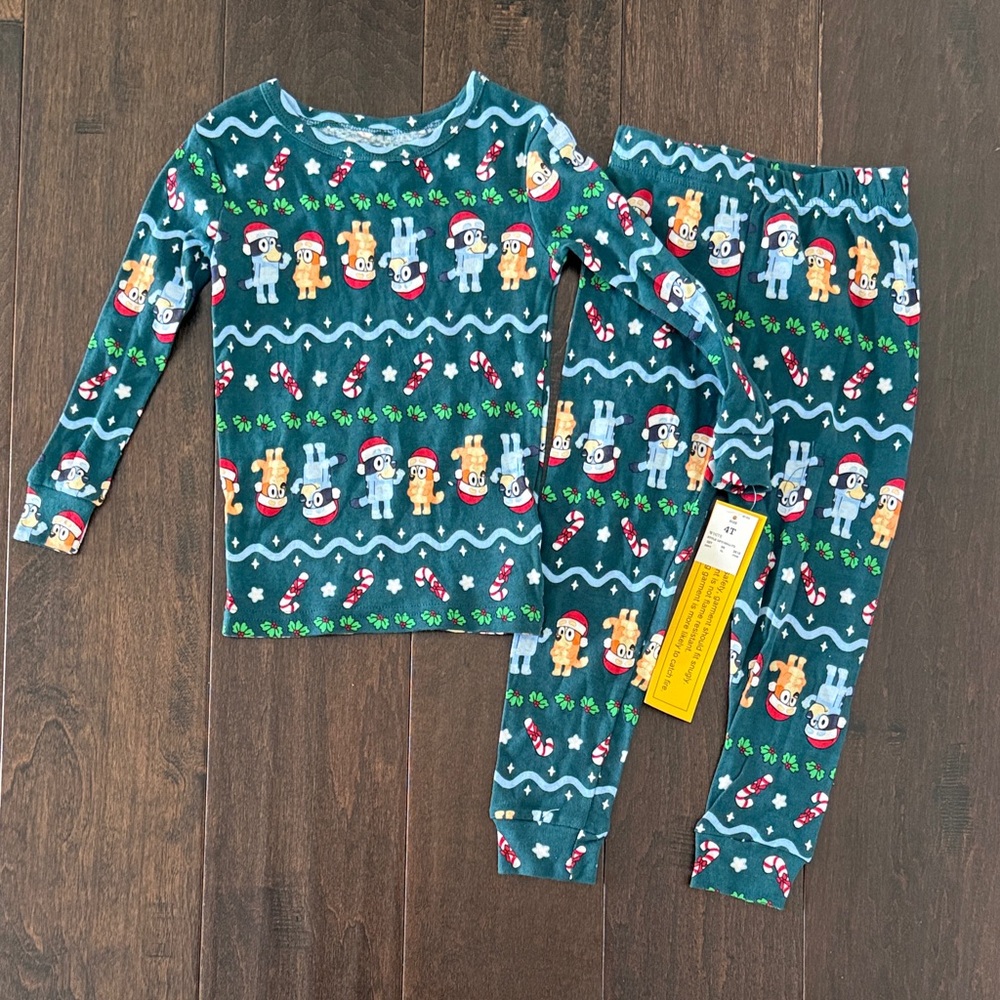 NWT Kids Bluey Christmas Holiday Pajama Set - Green with Festive Characters